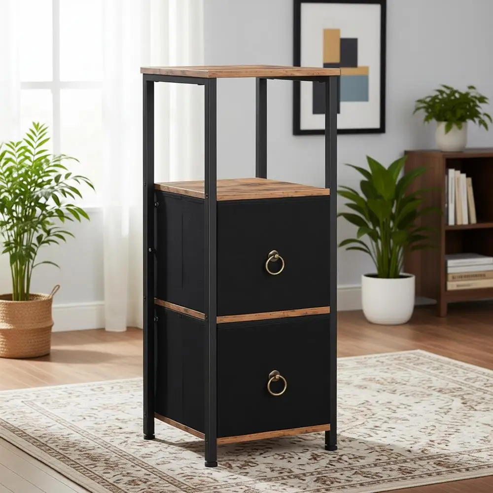 

4-Tier Shelving Stand with 2 Drawers, Rustic Brown and Black Bathroom Storage Cabinet
