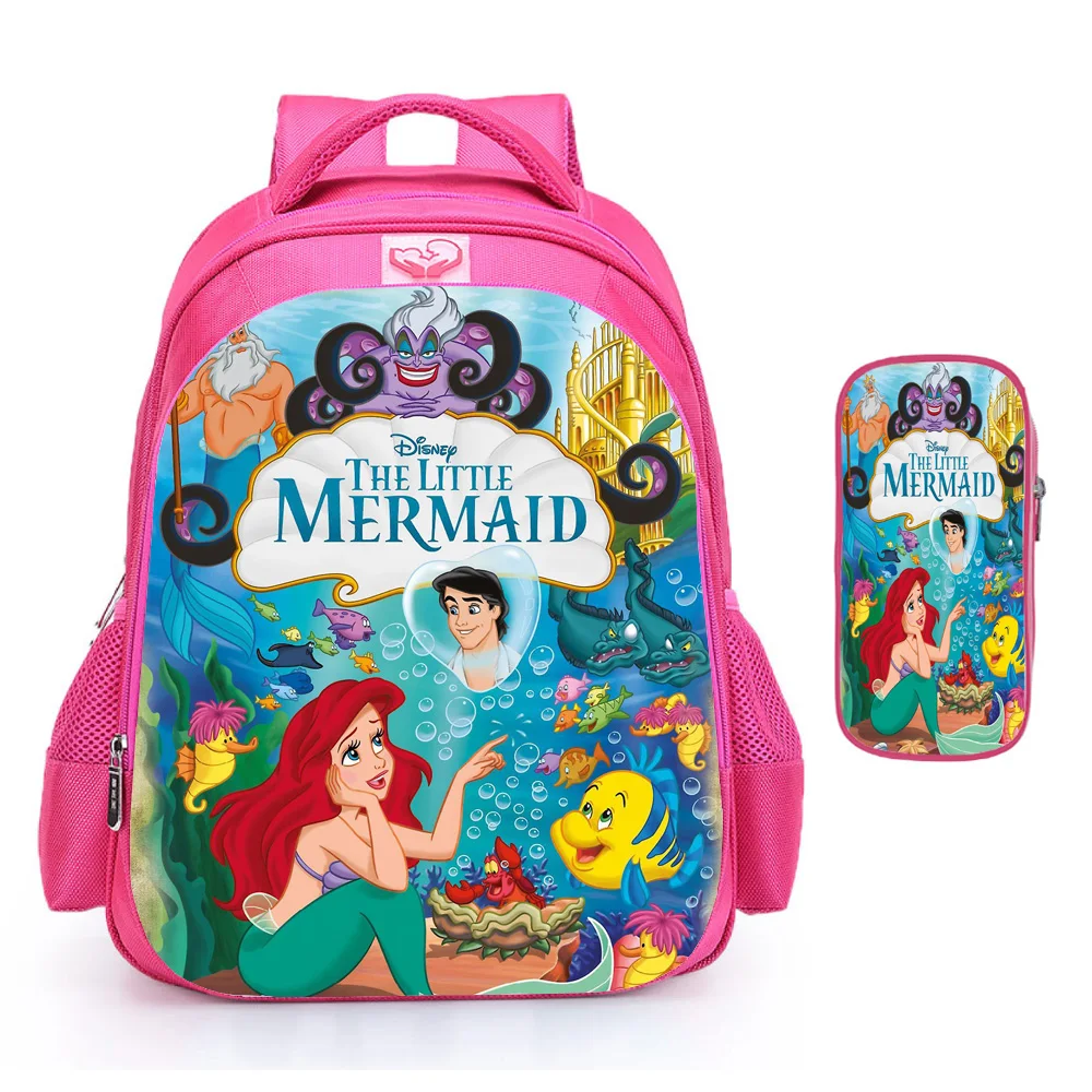 Bolsas escolares princesa a pequena sereia para meninas, lindas mochilas leves rosa, bolsa de ombro de grande capacidade com estojo