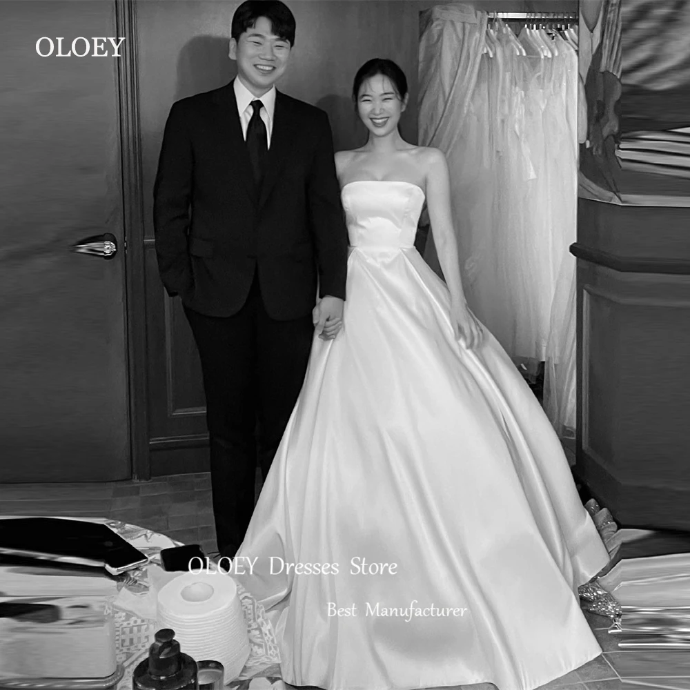 OLOEY Simple A Line Satin Korea abiti da sposa servizio fotografico senza spalline lunghezza del pavimento corsetto indietro abiti da sposa Plus Size