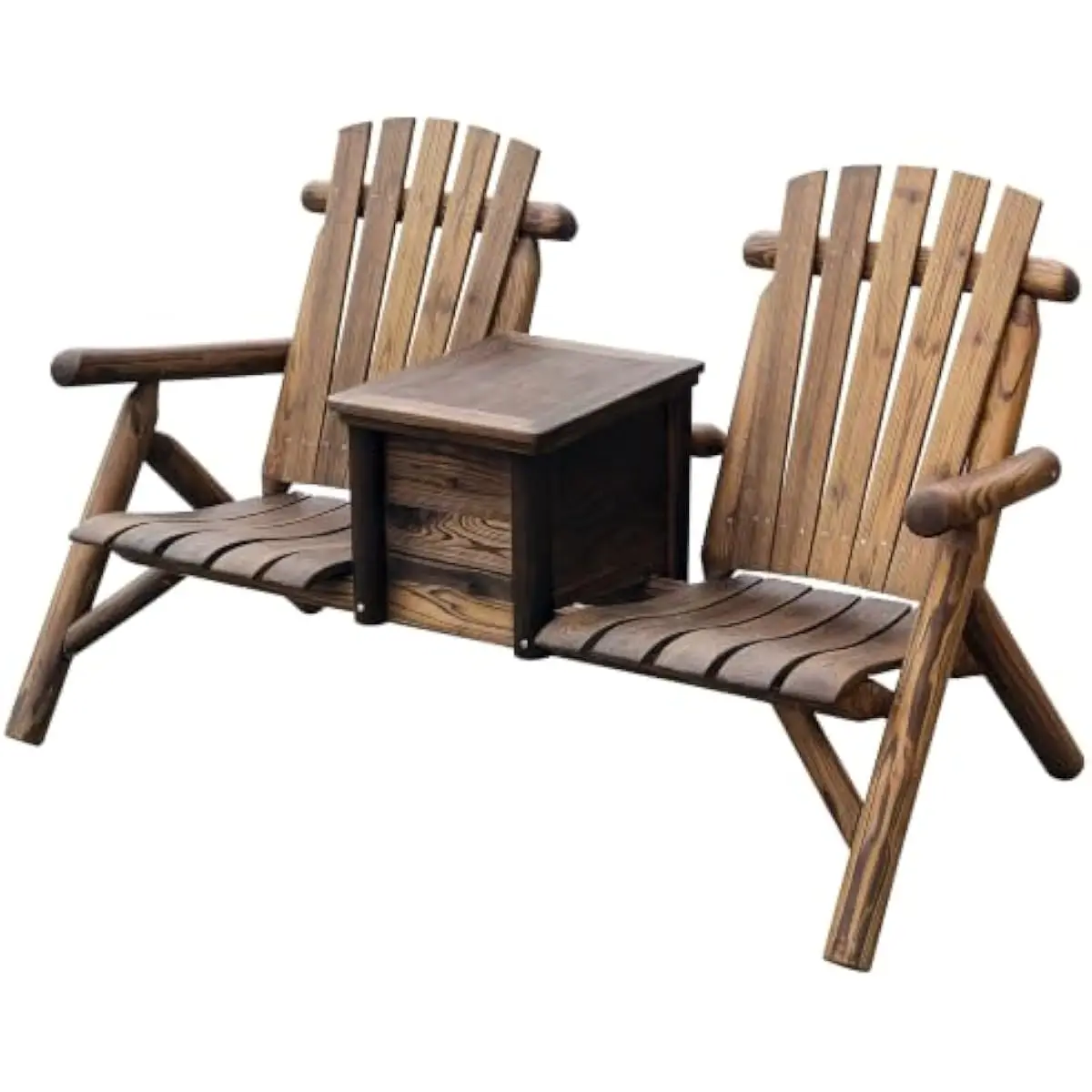 Double Adirondack Garden Bench with Integrated Drainable Ice Cooler and Armrest Table – Firwood Construction – Rustic Brown Fini