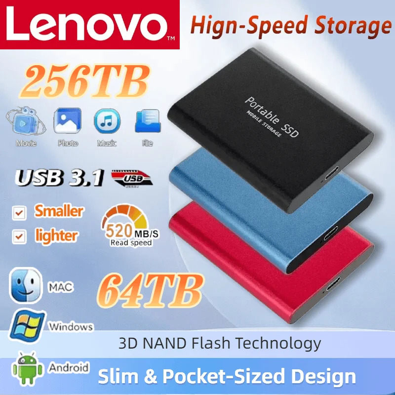

Lenovo T5 External SSD 2TB 4TB USB 3.1 Genuine High Speed Portable Mini Solid State Drive Large Capacity Memory Flash Disk New
