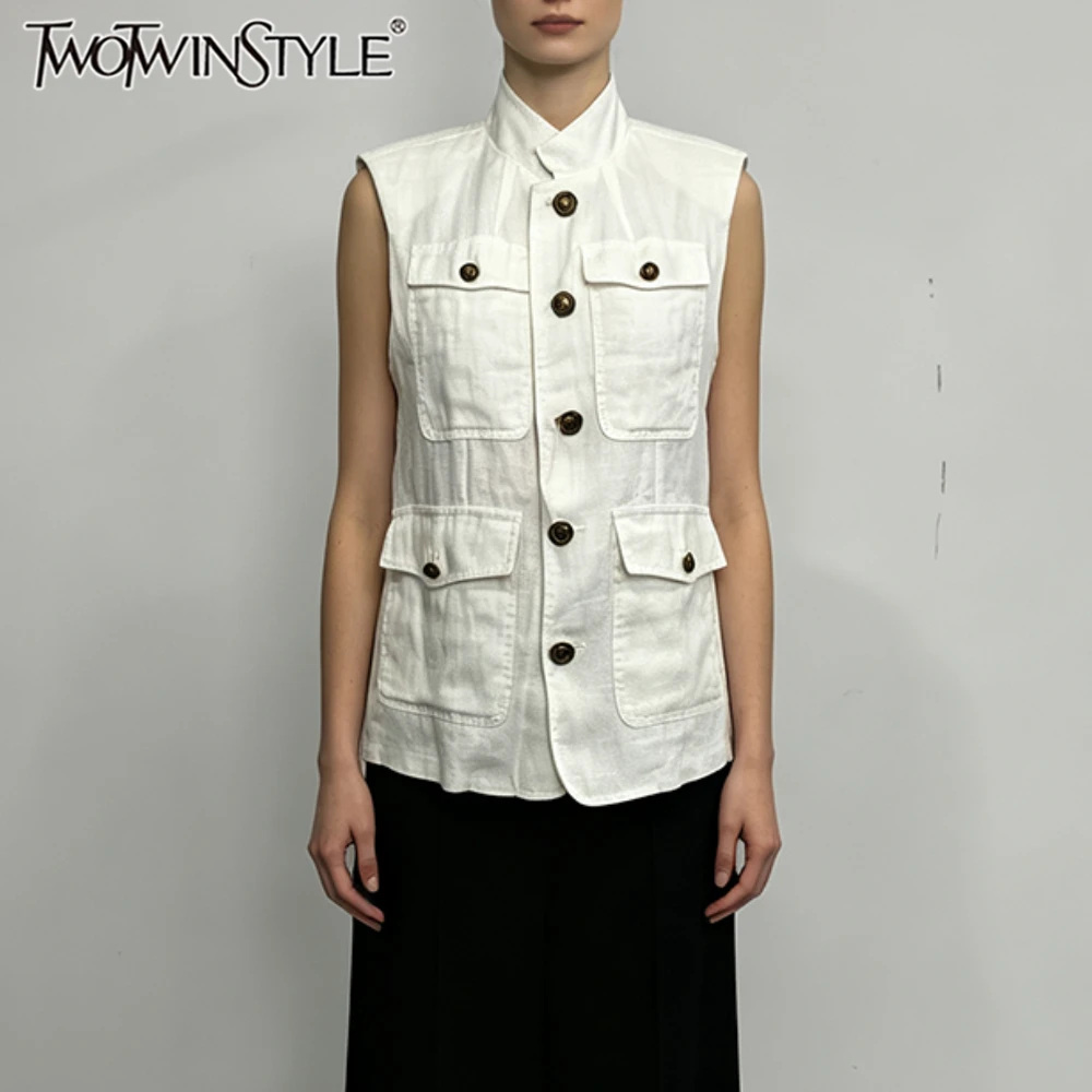 TWOTWINSTYLE Solid Spliced Pocket Loose Blouse for Women Lapel Neck Sleeveless Patchwork Button Casual Shirt Female Fashion New
