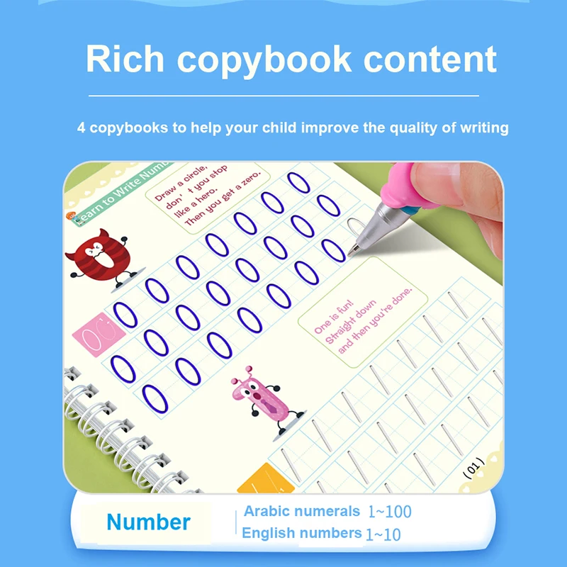 4PCS Kids Practic Reusable Magical Writing Book Copybooks With Pen Free Wiping Children Handwriting Learning Educational Toys