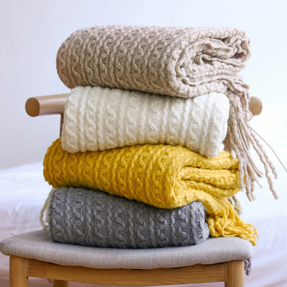 

Nordic Knitted Cable Plaid Throw Blanket for Sofa Couch Bed Winter Decor Bedspread Coverlet Tassel Oversized Queen King XL Large