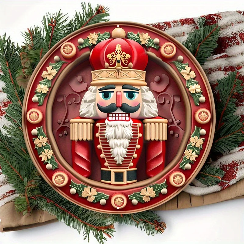 1pc Christmas Nutcracker Aluminum Metal Sign Round Door Hanger Wall Decor Weather Resistant vintage garage farmhouse decor