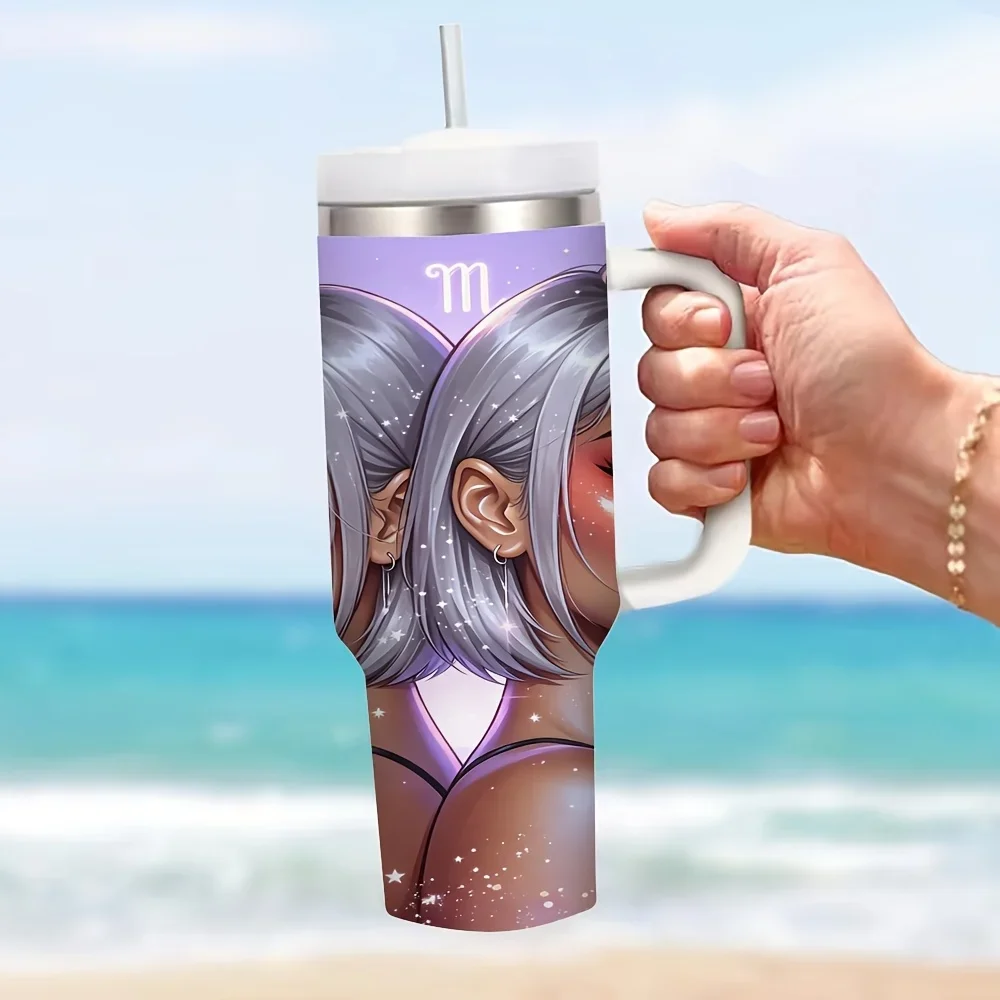 40Oz Tumbler with Handle And Straw, Virgo Zodiac Beautiful Girl Print, Suitable for Astrology Fans, Fits Hot And Cold Drinks, for Summer And Winter, Ideal for Daily Use, Travel And Indoor Outdoor Scenes