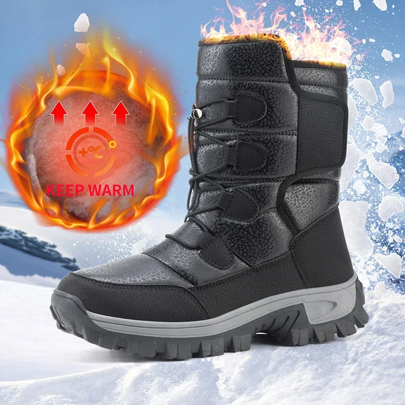 

New Warm Men Plush Snow Boots High Top Winter Men's Boots Waterproof Winter Motorcycle Boots Outdoor Anti-Slip Men Hiking Boots