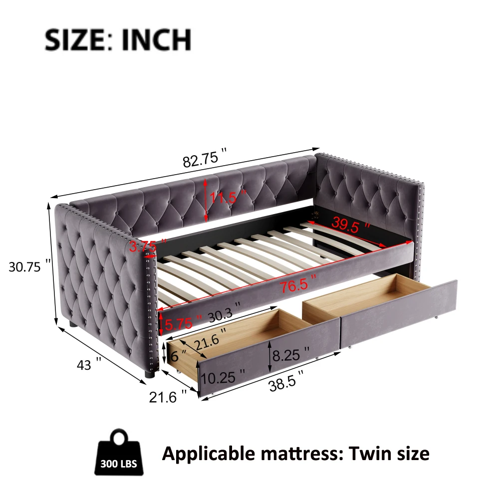 A Modern Velvet Cushioned Sofa Bed with Drawers and Button Down Plush Sofa Frame, Equipped with Double Drawers and Furniture