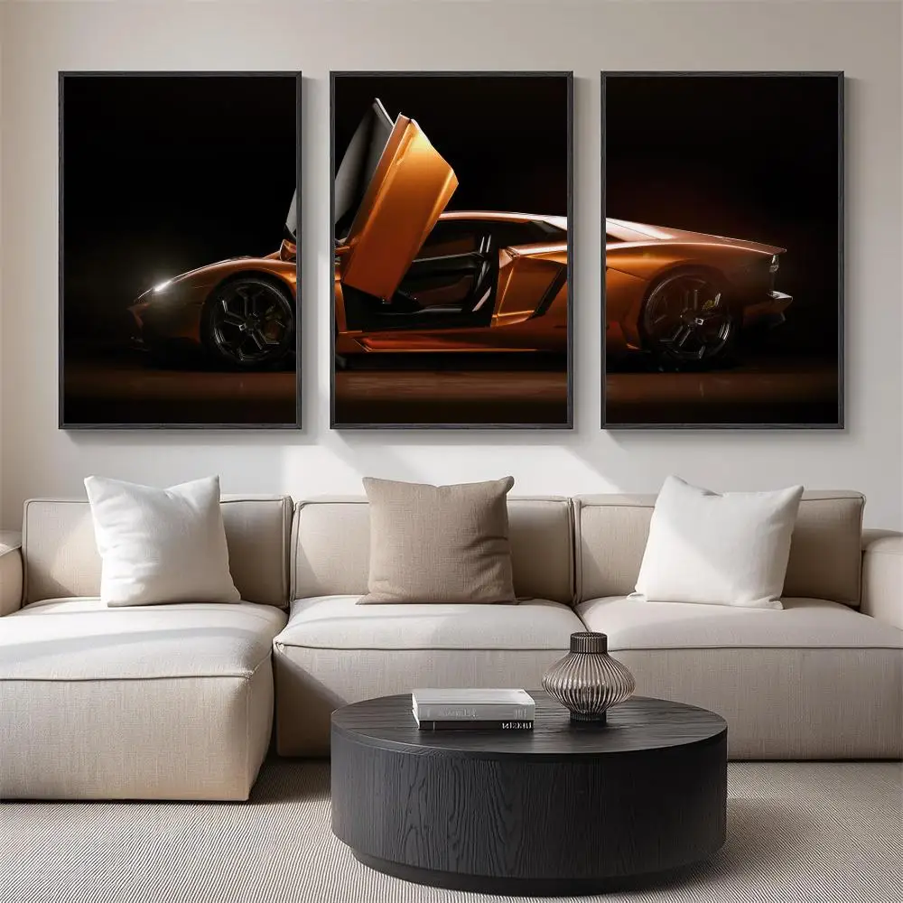 Metallic Sports Car Painting Calligraphy 3 PCS Canvas Wall Art for Living Room Bedroom Prints Decor Modern Wall Decals