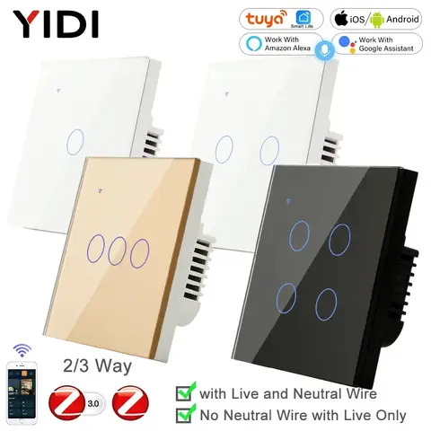 ZigBee 1 2 3 4 중립 스마트 터치 라이트 스위치가 없는 갱 EU 유럽 영국 벽 버튼 Tuya Power 2 3 Way Alexa Smart Home Voice