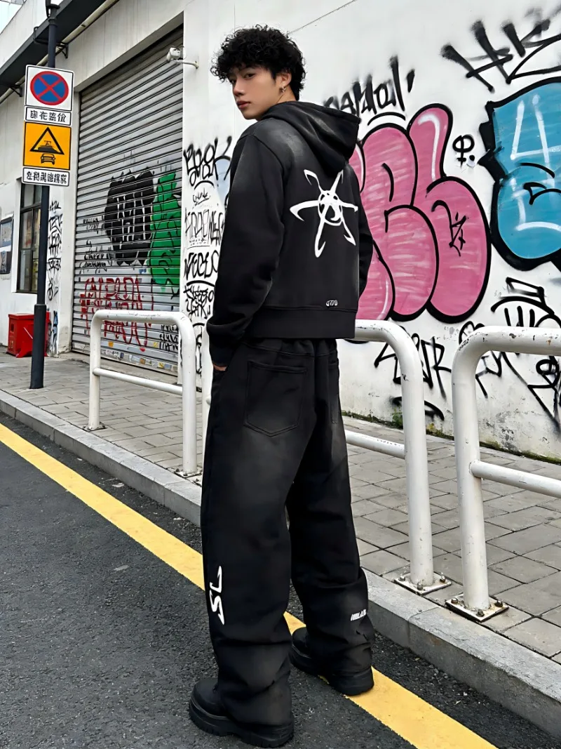 

Y2k Gothic Dark Style Distressed Washed Star Print ZipUp Hoodie Sweatpants Set High StreetCasual Tracksuit 2Piece Outfit for Men