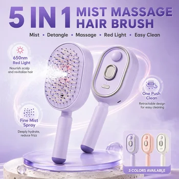 Self Cleaning Hair Brush with Mist Spray Scalp Massager Anti Frizz Detangling Comb…