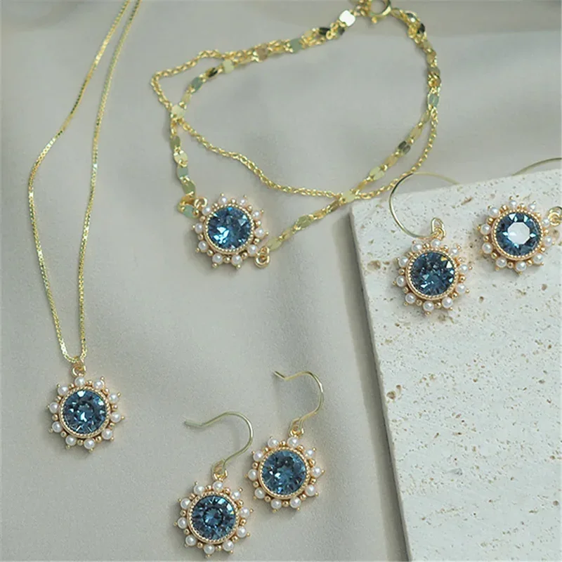 Set perhiasan pernikahan mutiara alami zirkon biru untuk pengantin 925 perak murni kalung gelang anting kancing set untuk wanita