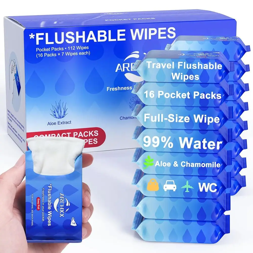 

Hypoallergenic Travel Wipes, 112 Count, 16 Packs, 99% Water, E & Chamomile, Unscented, Suitable for Sensitive Skin