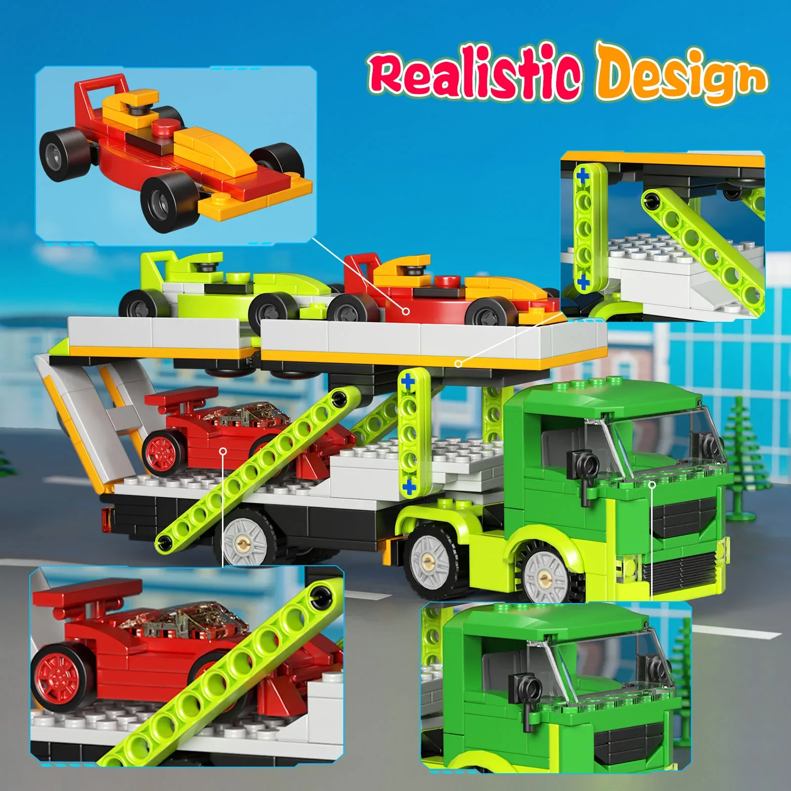 MOC Racing Transporter Trucks Van Sports Cars Vehicle Building Blocks Set con Manual de papel y caja, regalos para niños