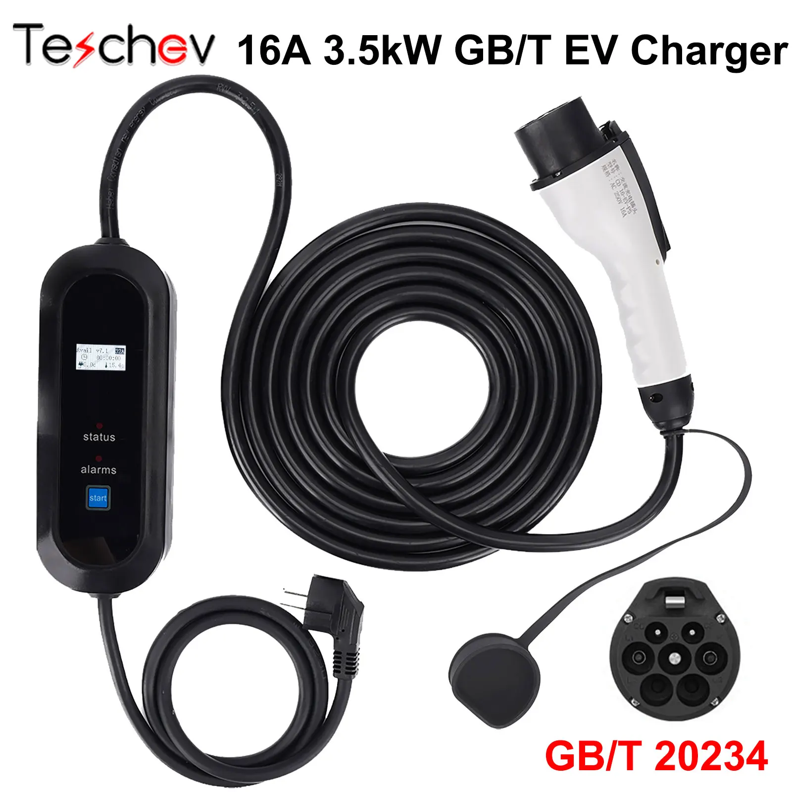 Teschev GBT Car Charger 16A Protable EV Charger 3.5kW Type1 Wallbox 220V Electric Vehicle Car Charging Cable