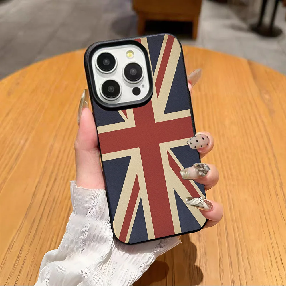 Étui de téléphone de luxe en cuir motif Union Jack Litchi pour iPhone 17 16e 16 15 14 13 12 11 Air Pro Max Plus X XR XS Max Antichoc