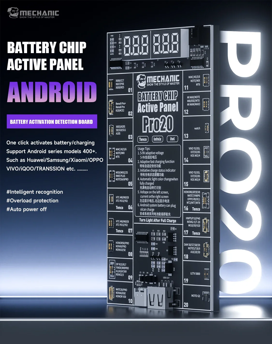 ‌MECHANIC Pro 20 Battery Activation Tester for 400+ Android Phones LED Display Voltage Current Test Fast Charging Repair Tool