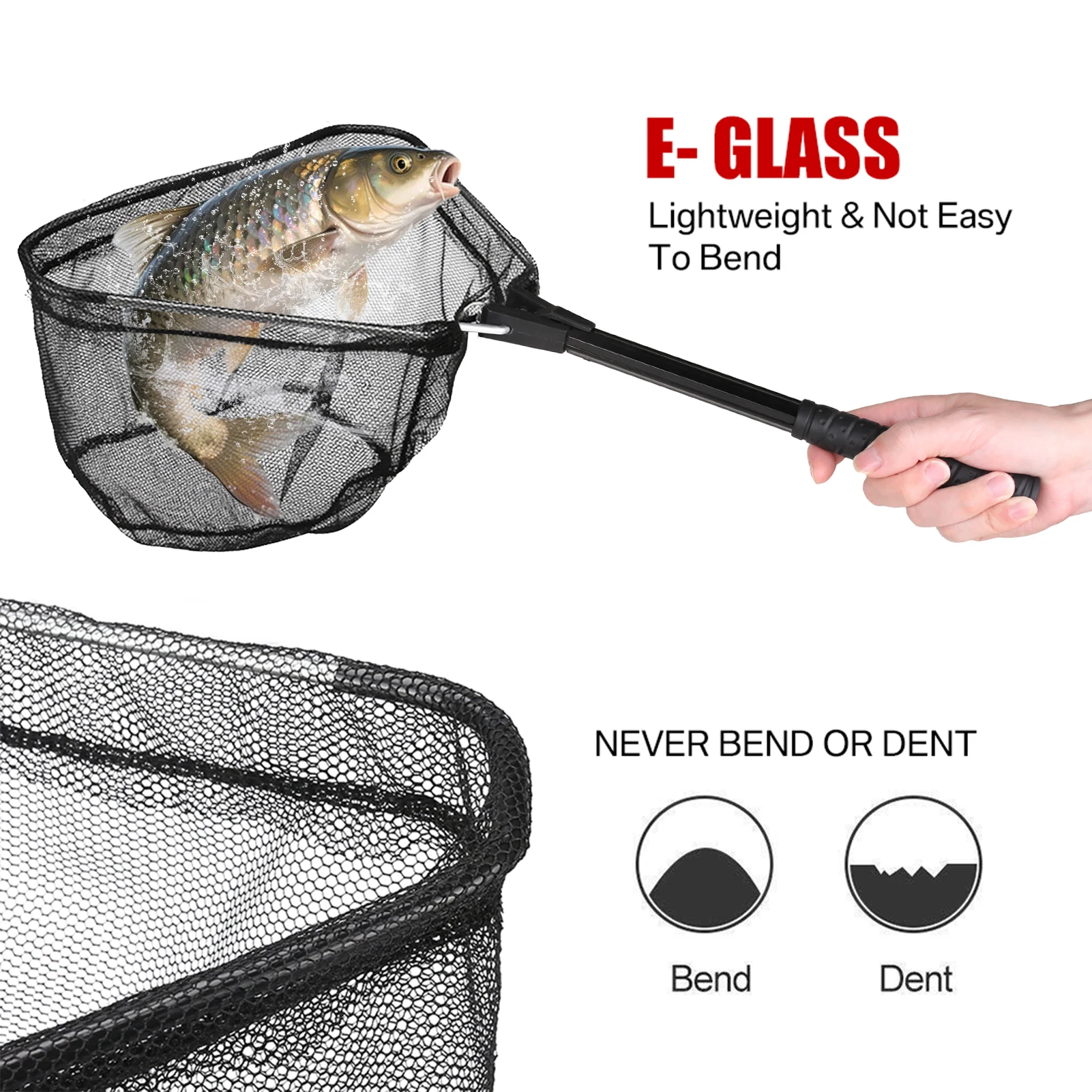 Faltbarer Fischlandungsnetz mit 55 cm Teleskopstange, gummibeschichtetem Netz, Fliegenfischernetz für Teich, Forellen, Karpfen, Fang & Freilassung – Detail 4