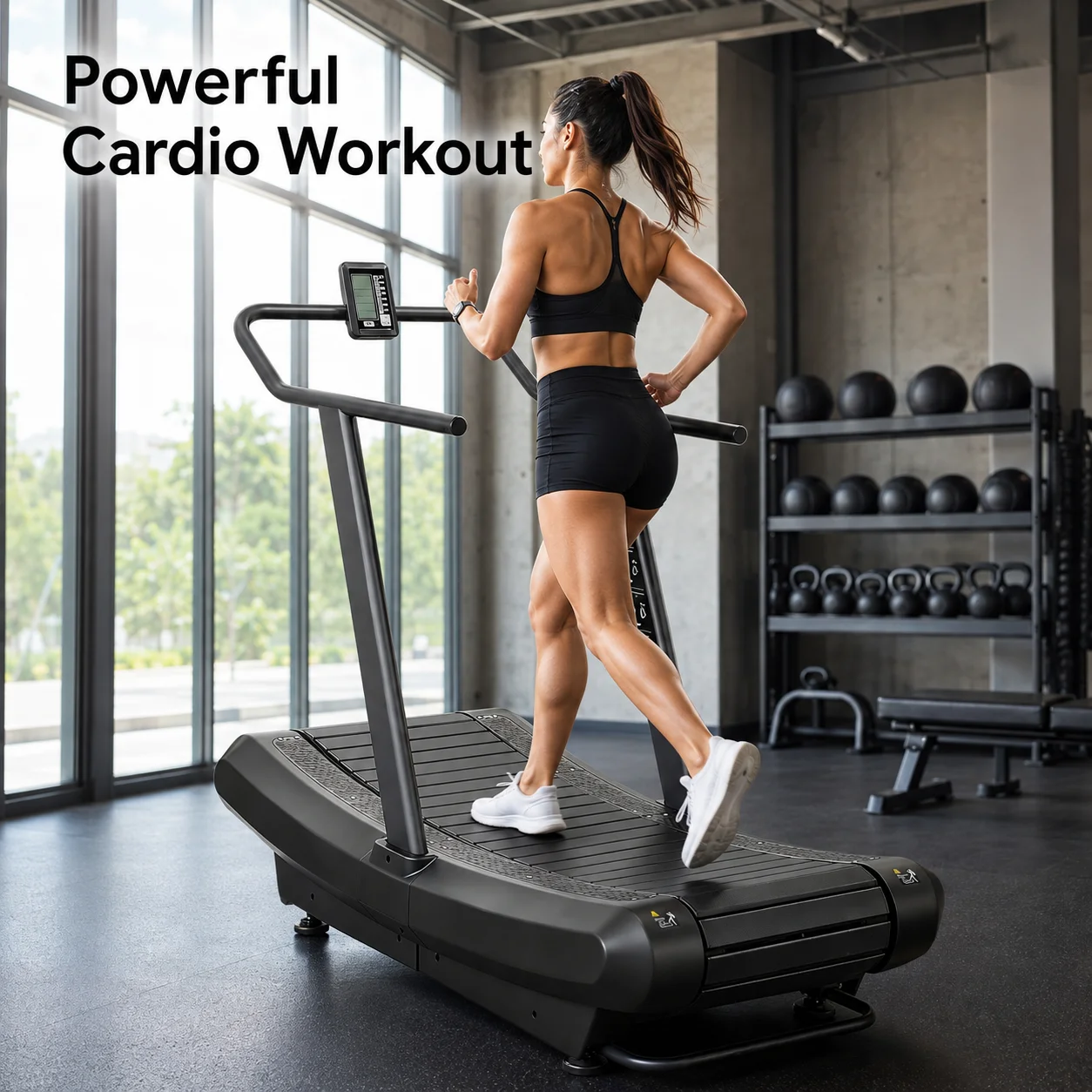 Non Motorized Treadmill with Curved Slat Belt Self Powered Cardio Machine for Professional Gym