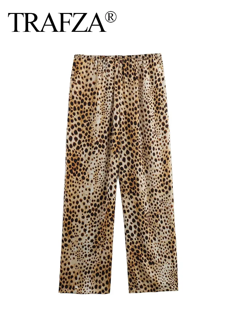 TRAFZA 2024 Woman Side Pockets High Waist Loose Long Pants Women's Chic Leopard Print Drawstring Casual Wide Leg Pants Mujer