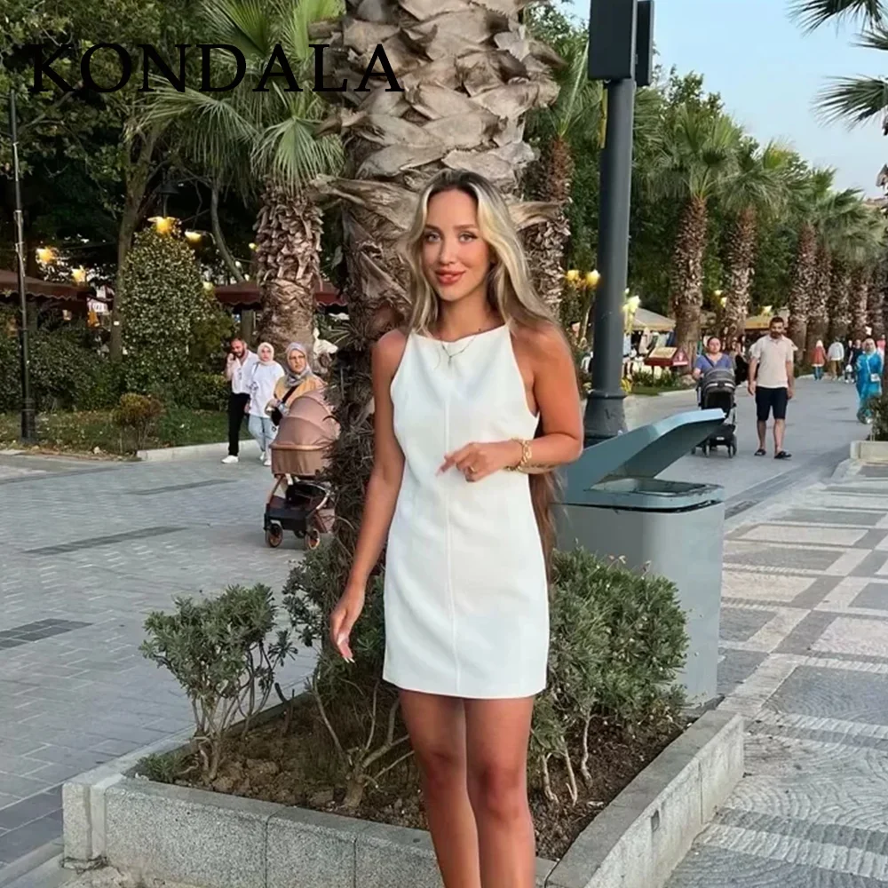 KONDALA 2025, Frühling Sommer Streetwear Frauen Mini Kleider Mode Vintage Elegante Feste Cami Ärmellose O Neck Damen Kleider