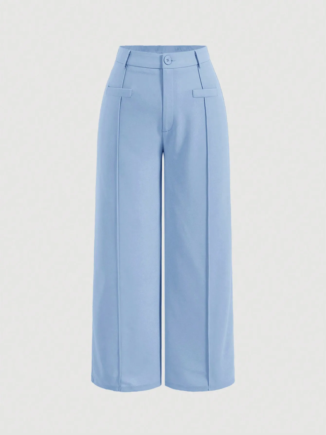 

Plus Size Light Blue Wide Leg Pants with Front Button and Pockets