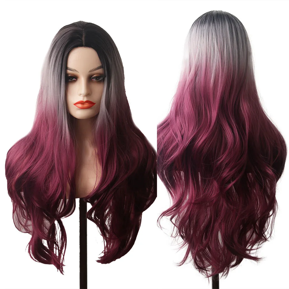 Gradient dyeing cover long curly hair medium split large wave wig full head cover women's chemical fiber high-temperature silk