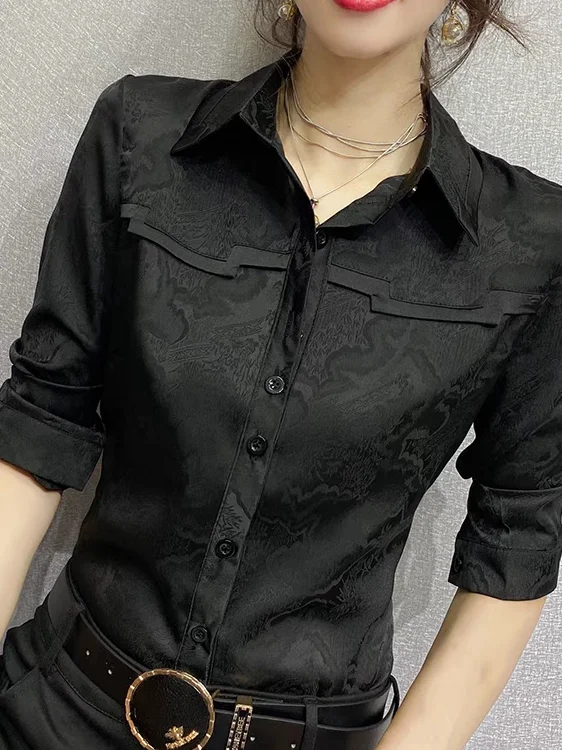 Silk Screen Printed Long Sleeve Women's Shirt Slimming Fashionable Versatile High-End Feel Commute Style Simple Design