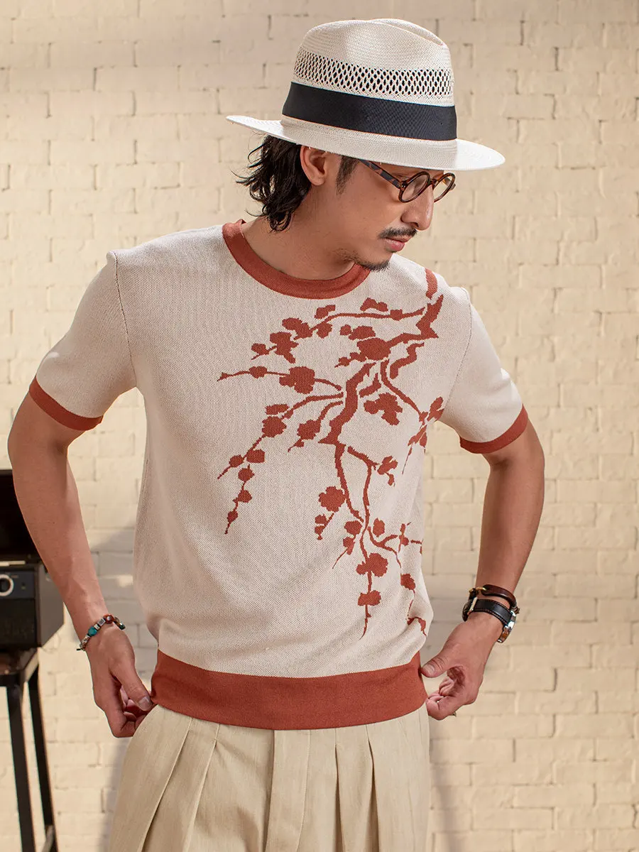 

SOARIN American Retro Knitted Short Sleeve T-Shirt for Men Casual Print Leisure Polyester Viscose Blend Summer Top