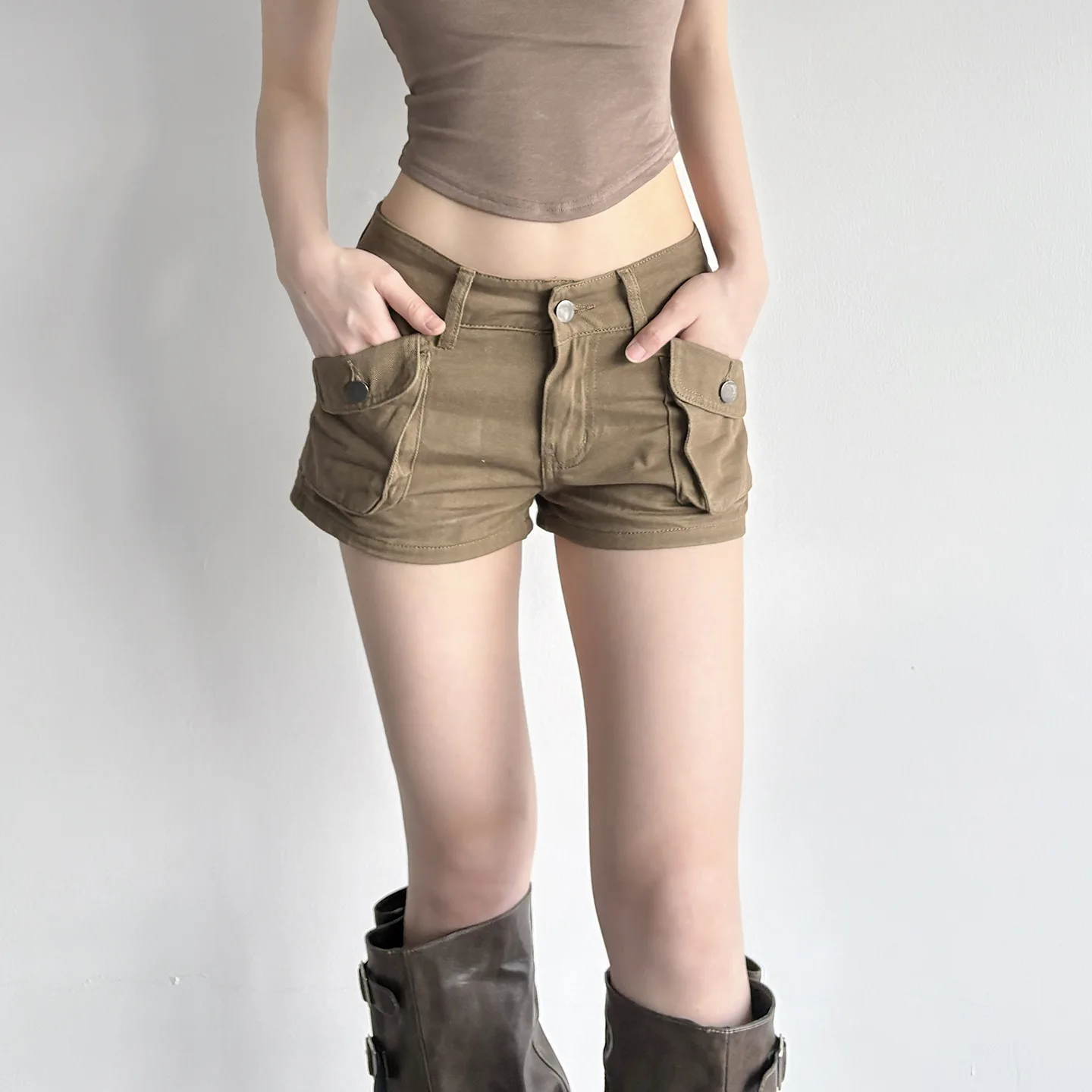

Retro Street Style Pocket Splicing Jeans Women's 2025 Summer Khaki Low-rise Tooling Shorts