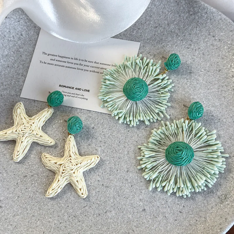 Earrings Straw Woven Sunflower Starfish Beach Vacation Oversized Boho Flattering Statement  Durable for Women Summer Resort