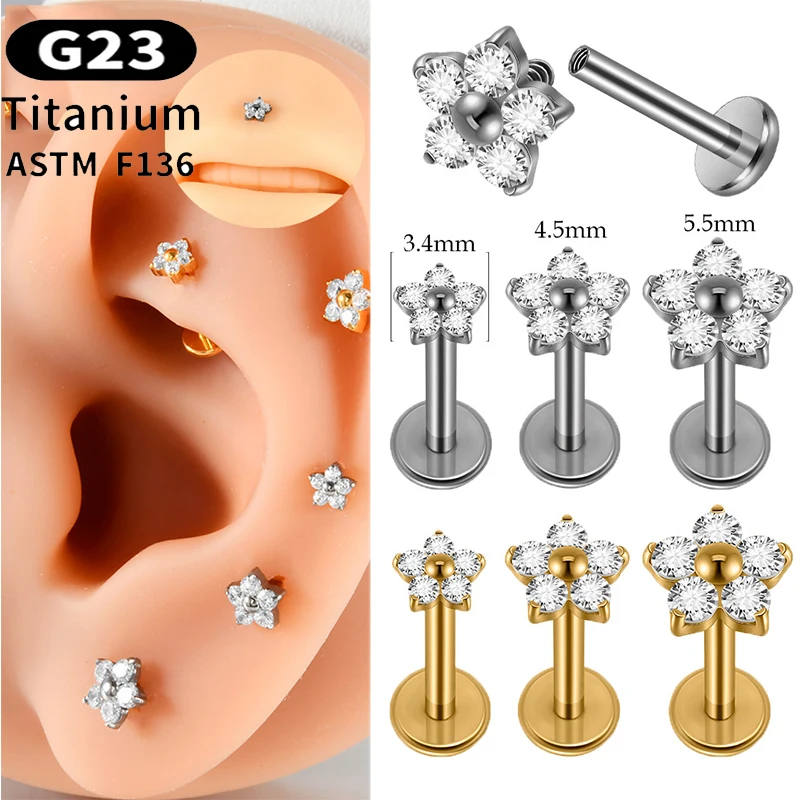 

2PC G23 Titanium Stud Earrings CZ Flower Internal Thread Labret Studs Tragus Cartilage Conch Flatback Earlobe Piercing Jewelry