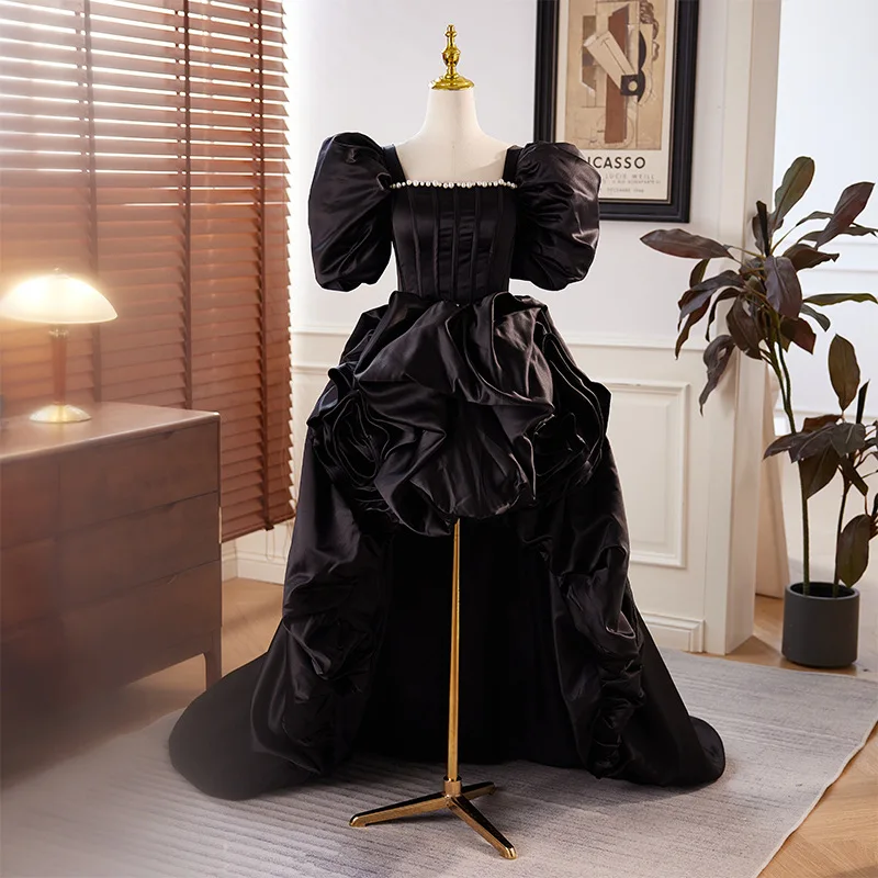 

French Style Evening Dress for Women, Black, Short Front Long Back, Piano Performance, Socialite Banquet