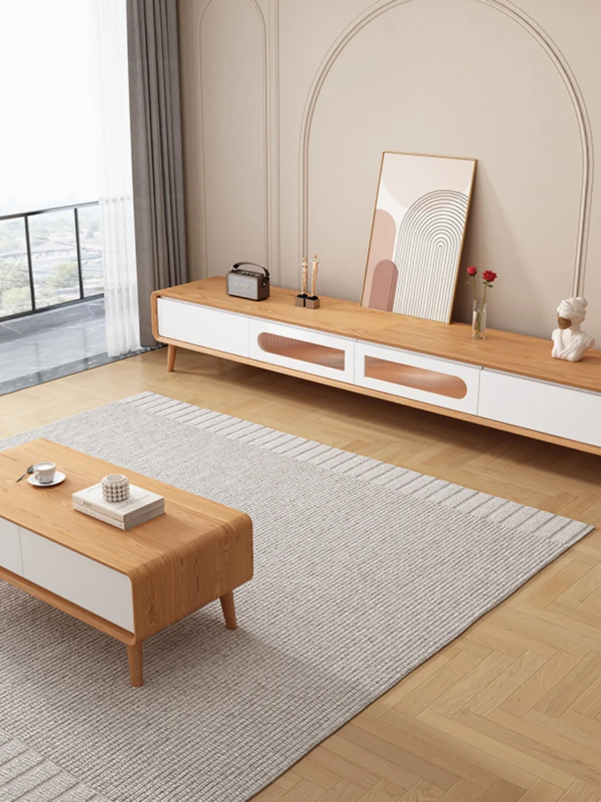 New Log Style TV Cabinet and Tea Table Small Apartment Simple TV Stand Floor Cabinet Cream White