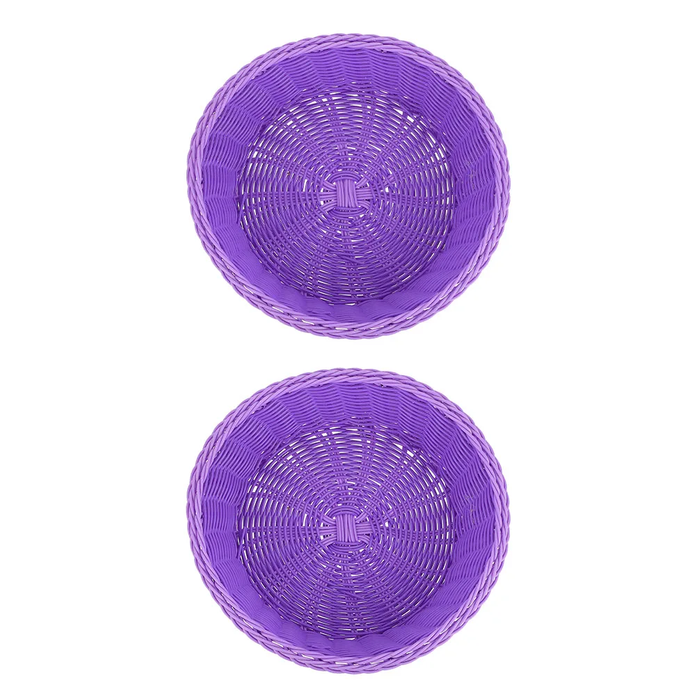 

2 Pcs Round Purple Woven Fruit Basket Large Plastic Storage Kitchen Home Baskets Tray Organizing Household Items Pantry