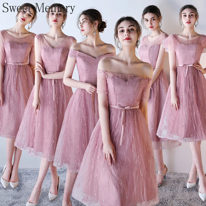 

M394 Pink Bridesmaid Dresses Princess Robe De Soiree Female Tea-Length Summer Formal Party Gown For Women Boat Neck Prom Dress