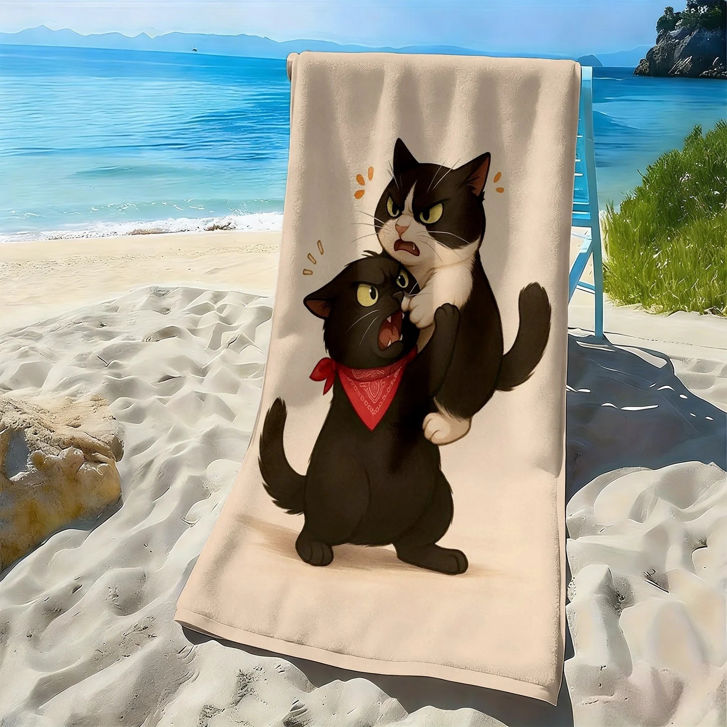 

Пляжное полотенце из полиэфирной микрофибры с необычным и милым рисунком двух черных кошек, очень хорошо впитывает влагу, подходит для плавания и поездок на пляж.