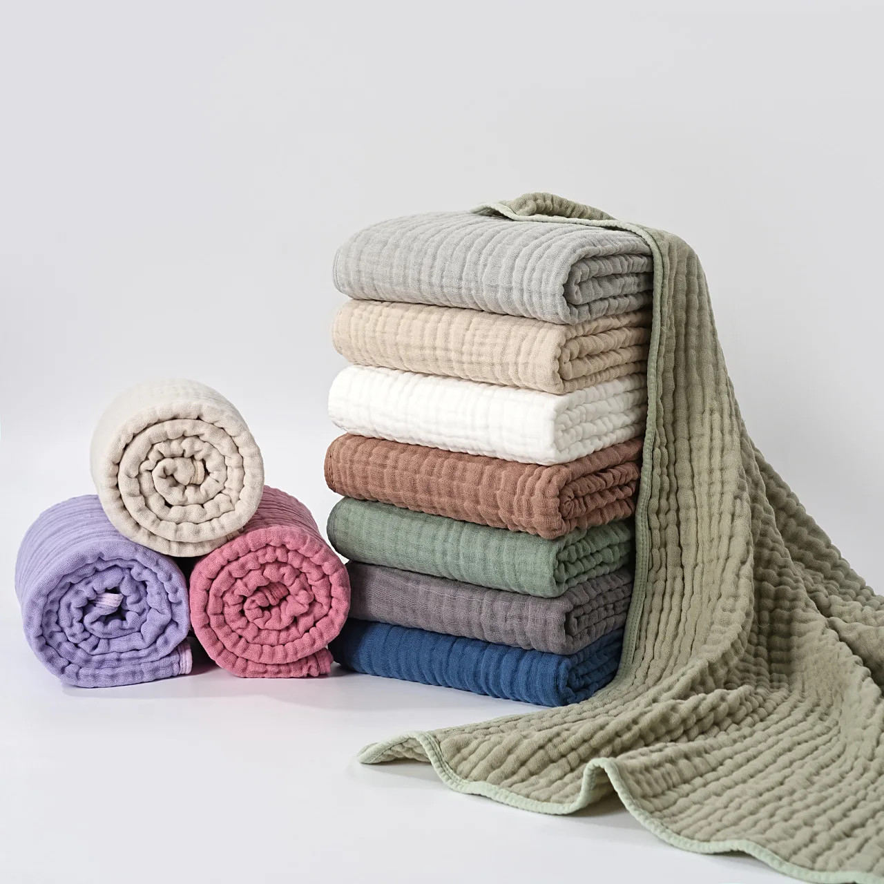Pure Color Hemmed Bath Towel, Pure Cotton 100% Six-layer Plain Weave Fine Gauze Blanket for Newborn Babies Children absorb sweat