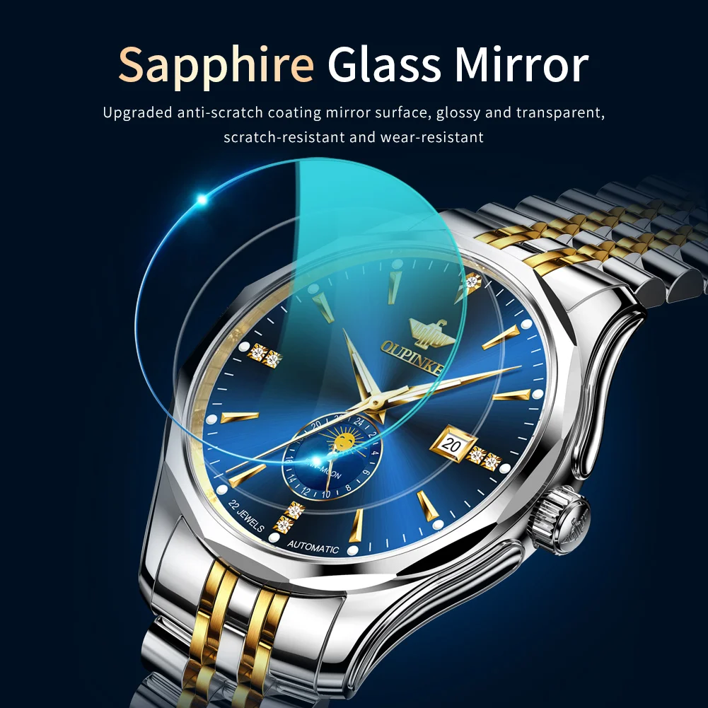 

OUPINKE мужские часы 3275, роскошные деловые часы, лучший бренд, оригинальные автоматические механические часы для мужчин, водонепроницаемые светящиеся фазы Луны