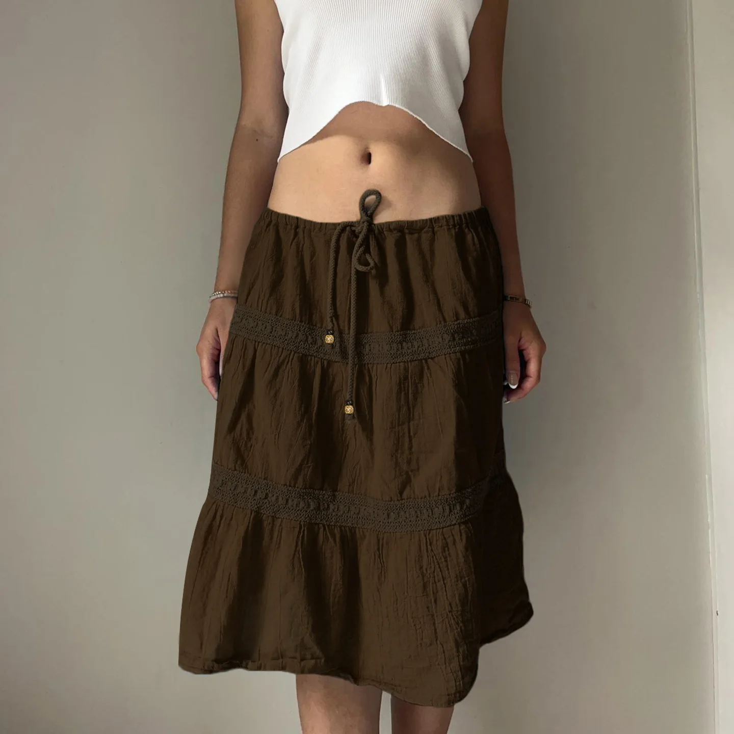 Women Y2K Tiered Midi Skirt Boho Lace Trim Drawstring Vintage Casual High Waist A-Line Vintage Mini Skirt Summer Beach