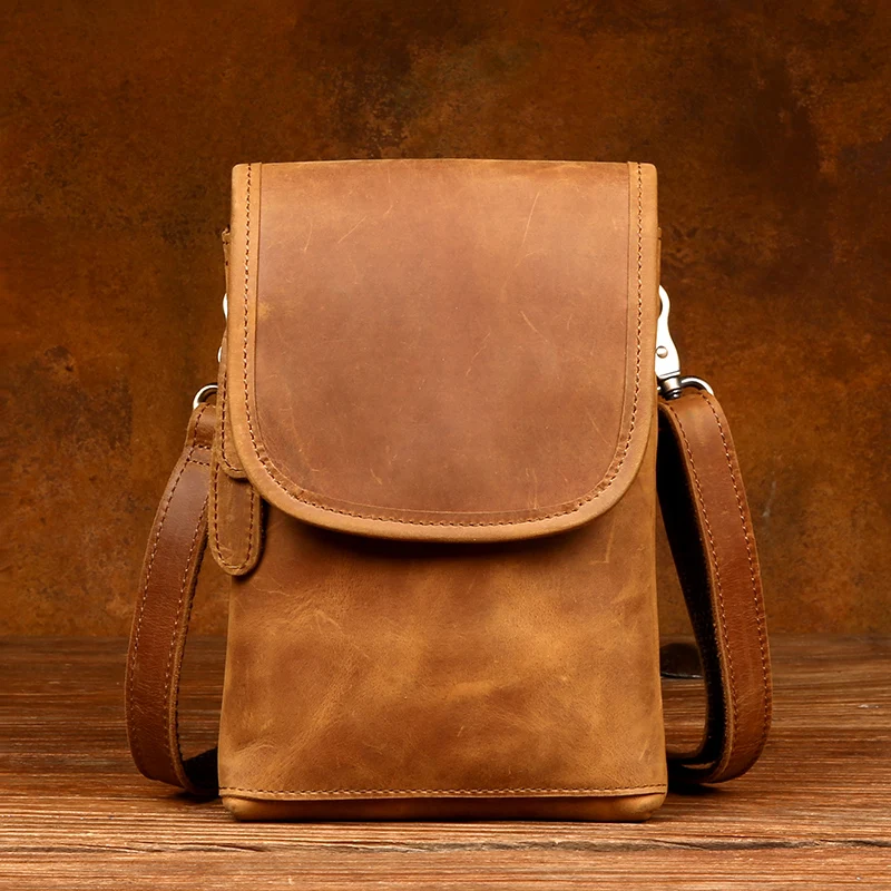 Crazy Horse Leather Vertical Pocket Men's Bag Retro Head Leather Mobile Phone Bag Multi-functional shoulder slung bag