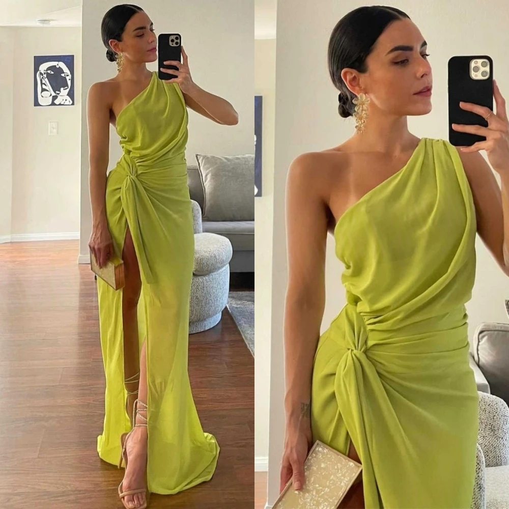 

Customized Elegant Green Chiffon Evening Dress Formal One Shoulder Sleeveless Cocktail Dress Soft Straight Ruched Party Dresses