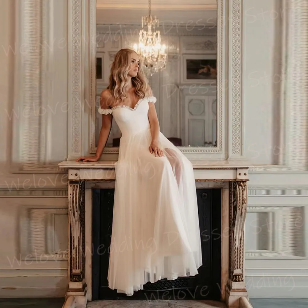 

Simple A Line Women's Wedding Dresses Sweetheart Off Shoulder Robe De Mariée Customized Bride Gowns Sleeveless Vestido De Novia