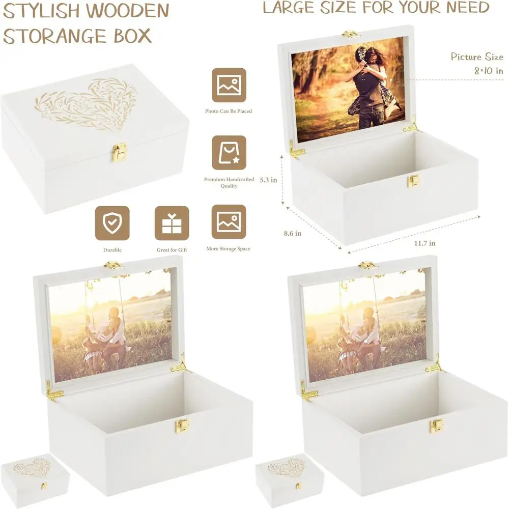 

Элегантная деревянная шкатулка для памятных вещей цвета экрю с откидной крышкой и фоторамкой, 5.3x8.6x11.7 дюймов