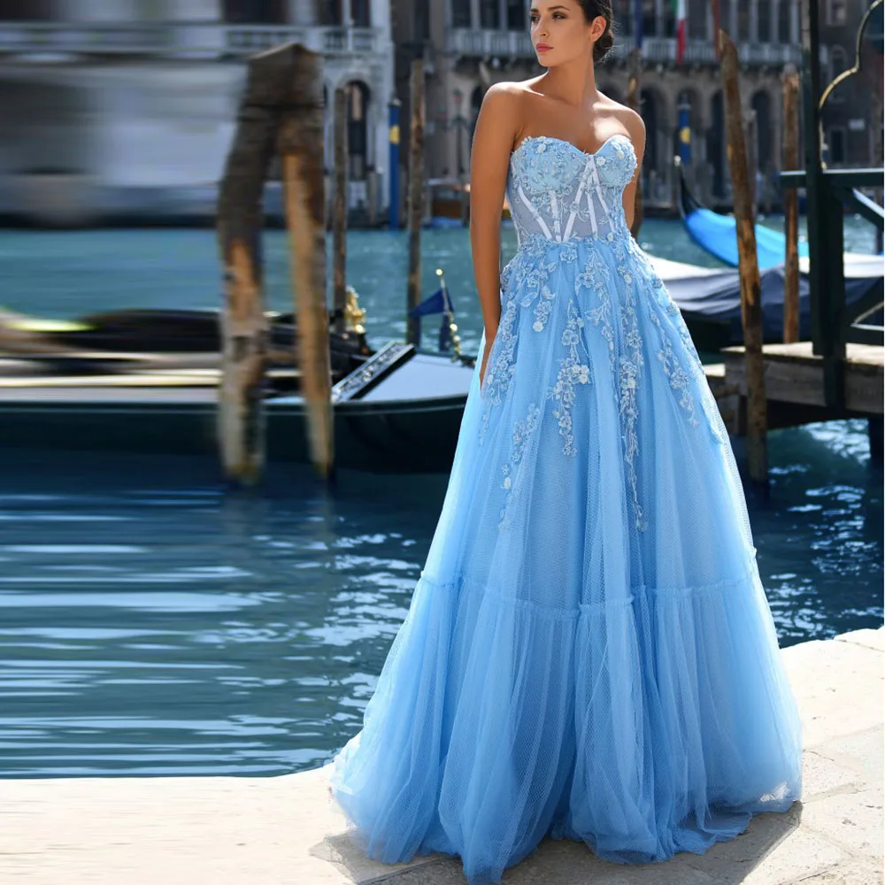 

Elegant A Line Evening Dresses 2023 Sweetheart Tulle Lace Applique Sleevesless Backless Up Prom Gown Robe De Soiree