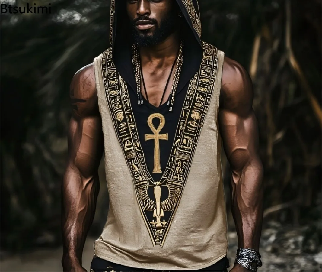 New Men's Fashion Linen Sleeveless Hooded Tank Top Summer Male 3D National Ethnic Digital Printing Crew Neck Casual Vest T-shirt