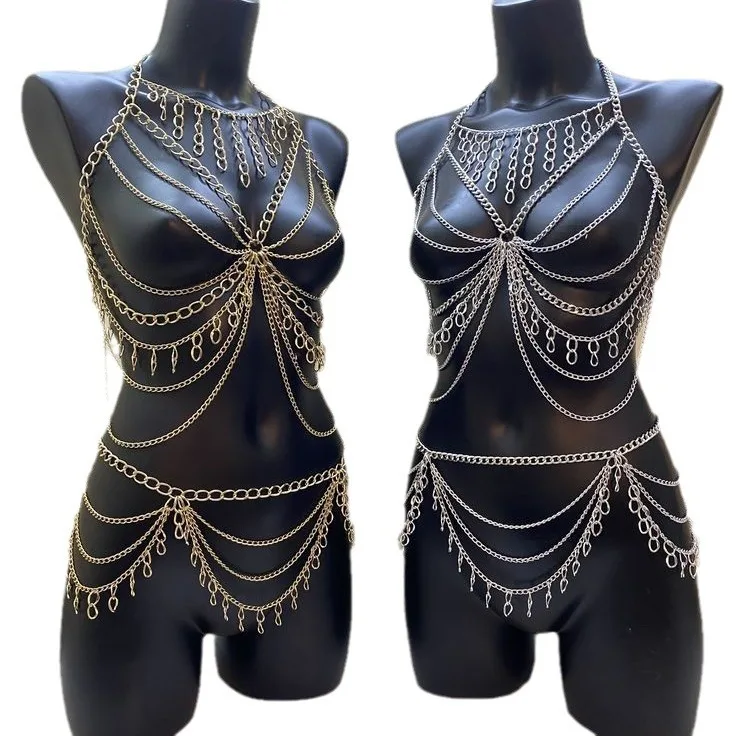 A set of fashionable fringed necklace waist chain, metal body chain, and European and American jewelry for wholesale.