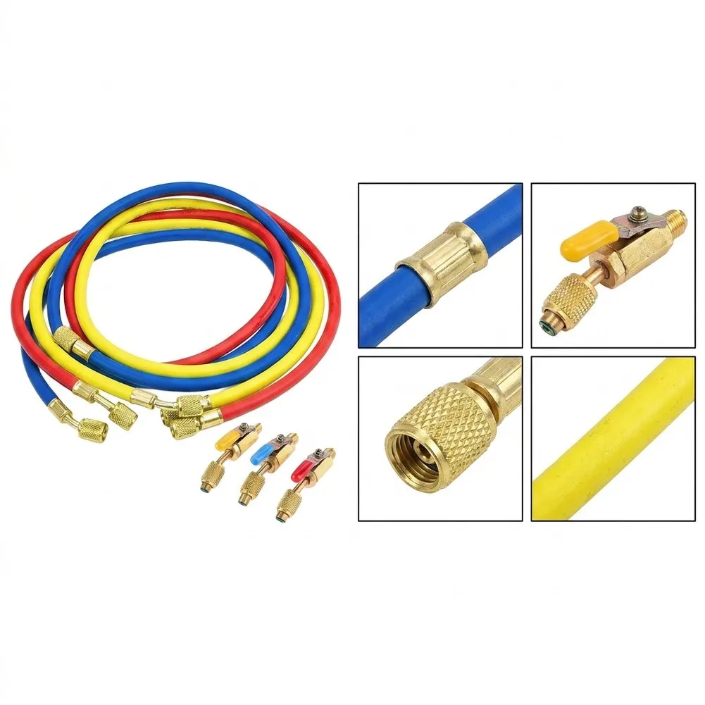 Coolant Charging Hose Set Featuring Brass Ball Valve and 45 Deg Bend for R134A R22 R401 Charging in HVAC Systems