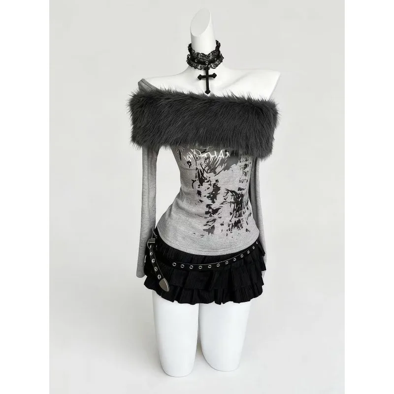 

Женские весенне-осенние топы, футболки, майки в готическом стиле с принтом, с меховым воротником, с открытыми плечами, новые, удобные, повседневные, универсальные